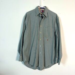 Tommy Hilfiger button-down men’s long sleeve shirt, green beige plaid